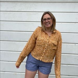 Mustard floral cropped button up